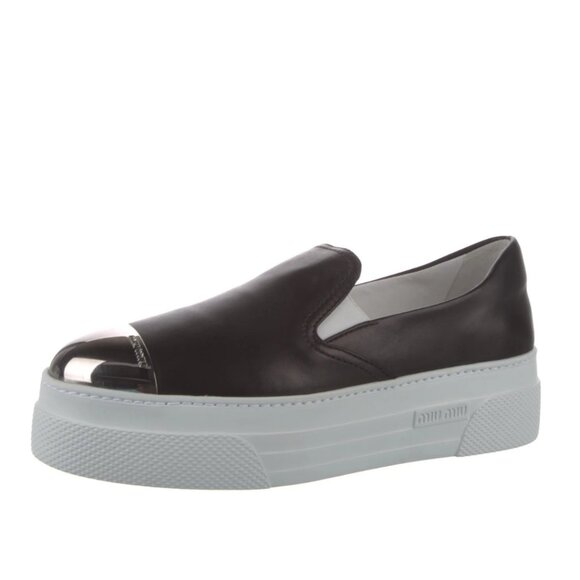 NWT Miu Miu Platform Slip-on Sneakers Black Leather Silver Toe Cap Sz 35.5 - Picture 1 of 13